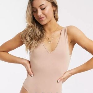 ASOS DESIGN organic cotton v neck tank bodysuit in beige